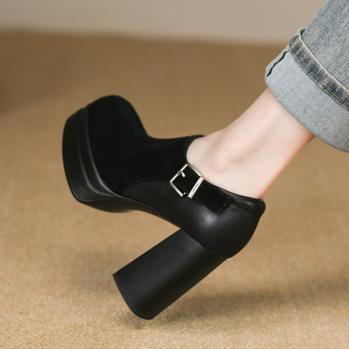 时尚黑色深口高跟单鞋女秋季拼接真皮皮带扣防水台粗跟皮鞋女10cm