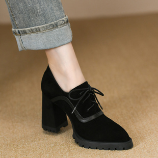 磨砂真皮深口系带尖头高跟单鞋 时尚 2025新款 女秋季 女9cm 粗跟皮鞋