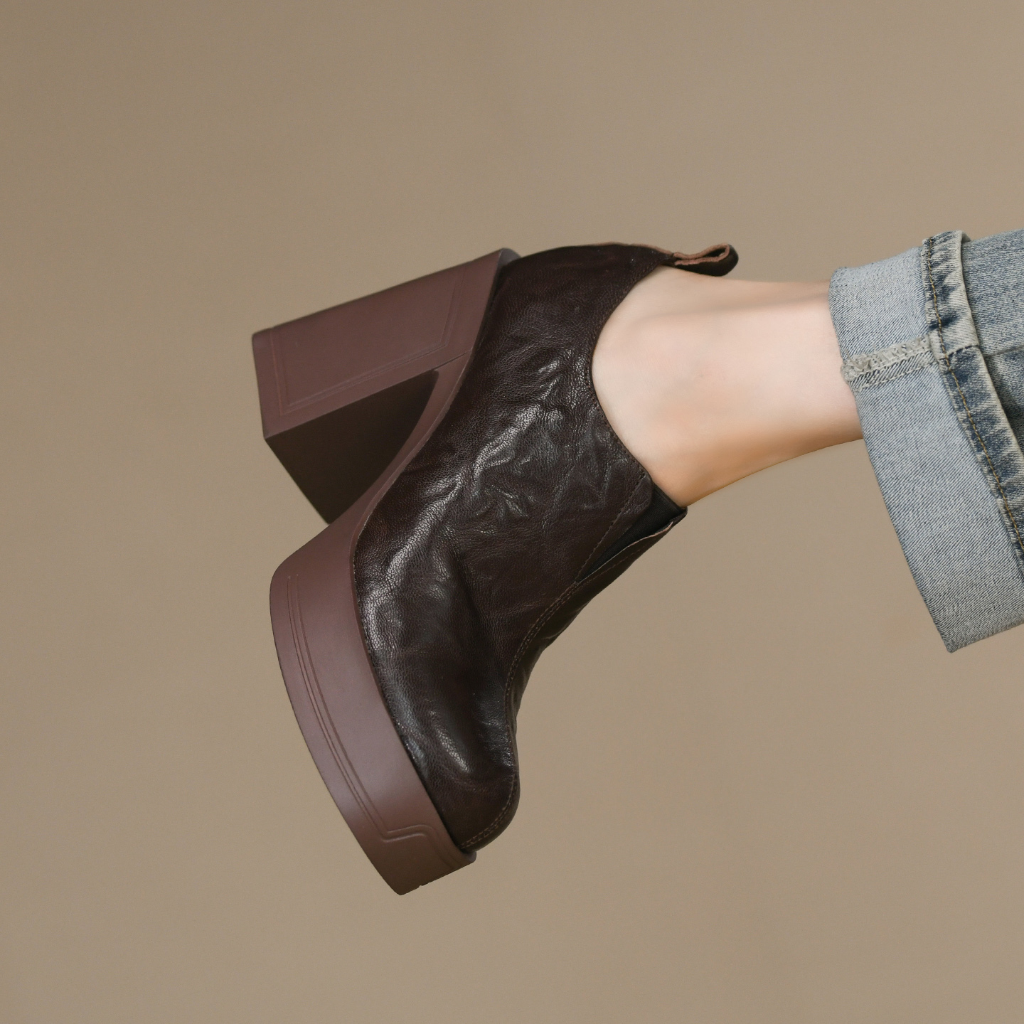 头层羊皮超高跟粗跟深口单鞋女