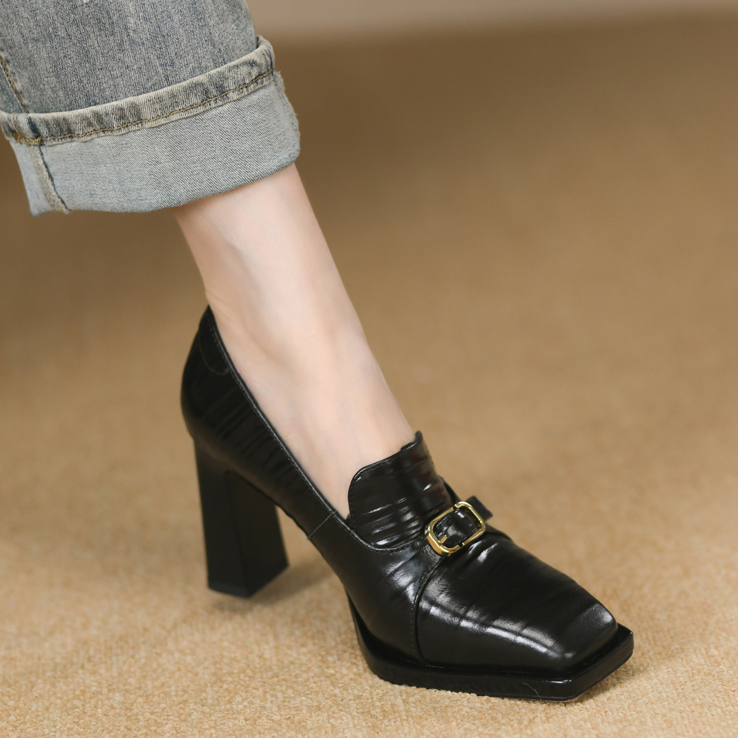 黑色深口粗跟皮鞋女秋季新款真皮皮带扣法式方头高跟单鞋女8.5cm