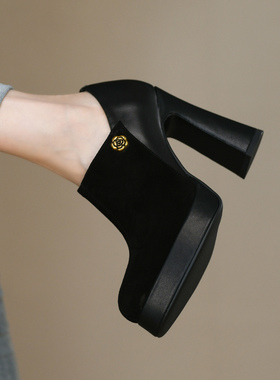 黑色法式尖头深口单鞋女粗跟秋季拼接真皮茶花防水台高跟鞋女11cm