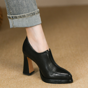 真皮一脚蹬松紧高跟鞋 法式 新款 女秋季 女9cm 黑色尖头深口粗跟单鞋