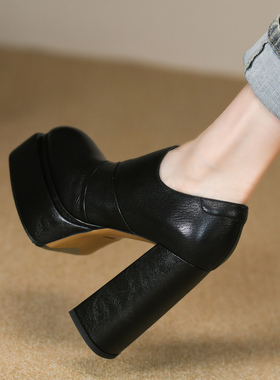 11cm黑色厚底高跟鞋女秋季款真皮防水台侧拉链圆头深口粗跟单鞋女