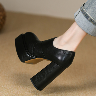 真皮防水台侧拉链圆头深口粗跟单鞋 款 女 女秋季 11cm黑色厚底高跟鞋