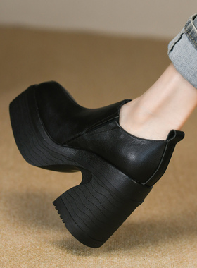 11cm厚底深口高跟单鞋女秋季新款黑色真皮一脚蹬防水台粗跟皮鞋女