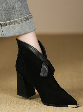 法式黑色尖头高跟短靴女秋冬新款磨砂真皮蝴蝶结粗跟裸靴女8.5cm