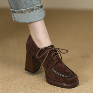 8.5cm复古棕色方头深口厚底单鞋女粗跟春秋新款真皮系带高跟鞋女
