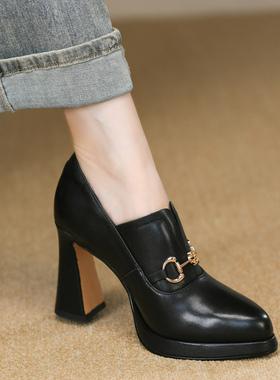 法式黑色深口单鞋女粗跟秋季新款真皮金属扣松紧一脚蹬高跟皮鞋女
