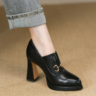 真皮金属扣松紧一脚蹬高跟皮鞋 法式 新款 女粗跟秋季 女 黑色深口单鞋