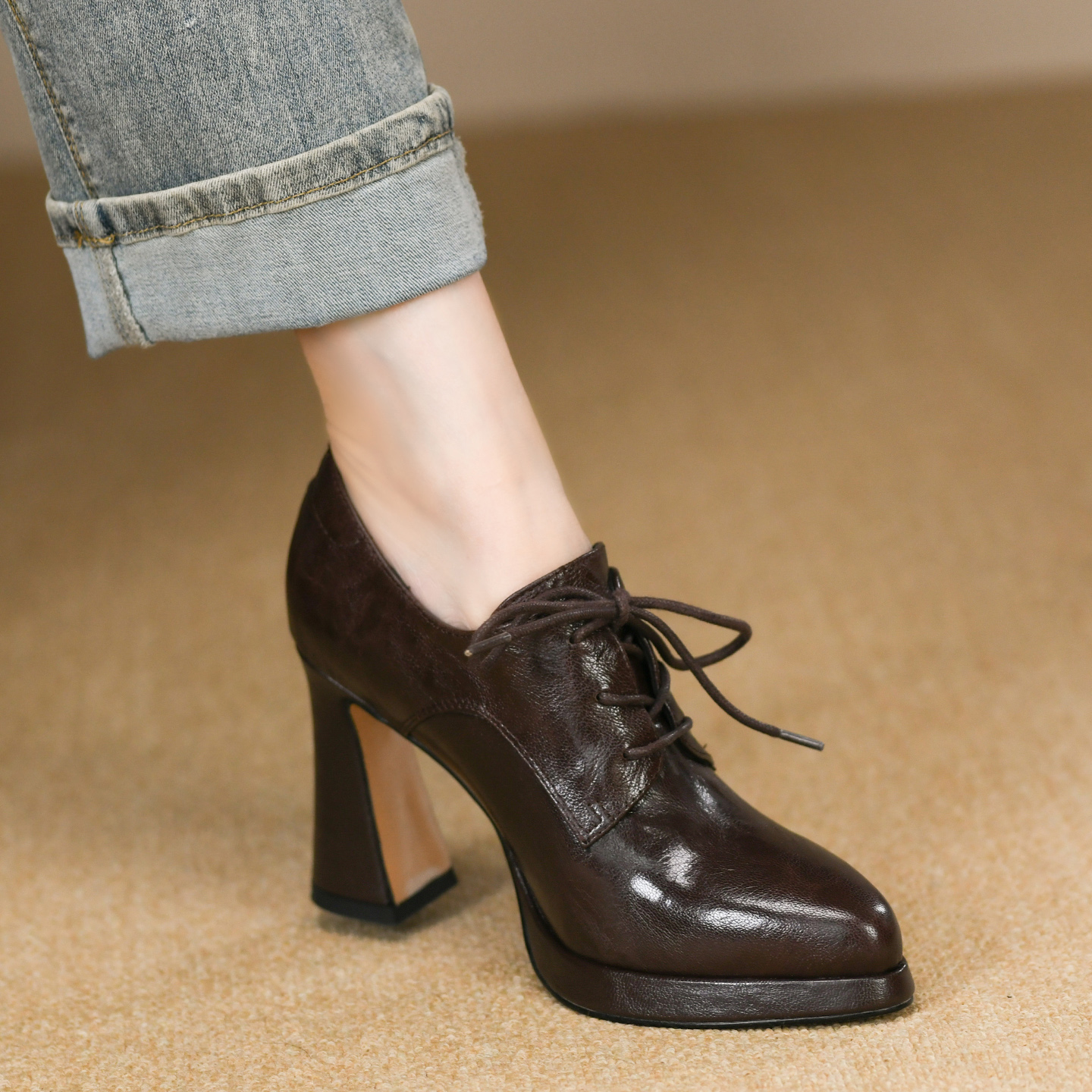 羊皮超高跟粗跟尖头深口单鞋女