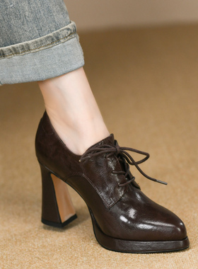 复古棕色尖头单鞋女粗跟秋季新款真皮女鞋系带防水台高跟鞋女9cm