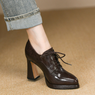 系带防水台高跟鞋 复古棕色尖头单鞋 真皮女鞋 新款 女9cm 女粗跟秋季