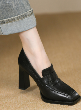 黑色时尚方头皮鞋女粗跟秋季新款真皮一脚蹬高跟深口单鞋女8.5cm