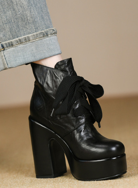 黑色英伦厚底马丁靴女粗跟秋冬新款真皮系带防水台高跟短靴女12cm