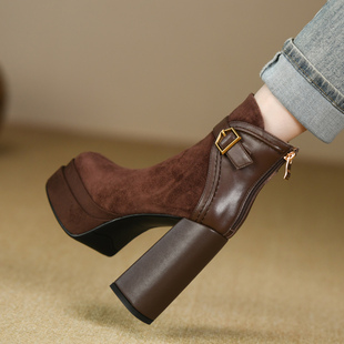 咖啡色厚底高跟短靴女秋冬款拼接磨砂真皮后拉链防水台粗跟裸靴女