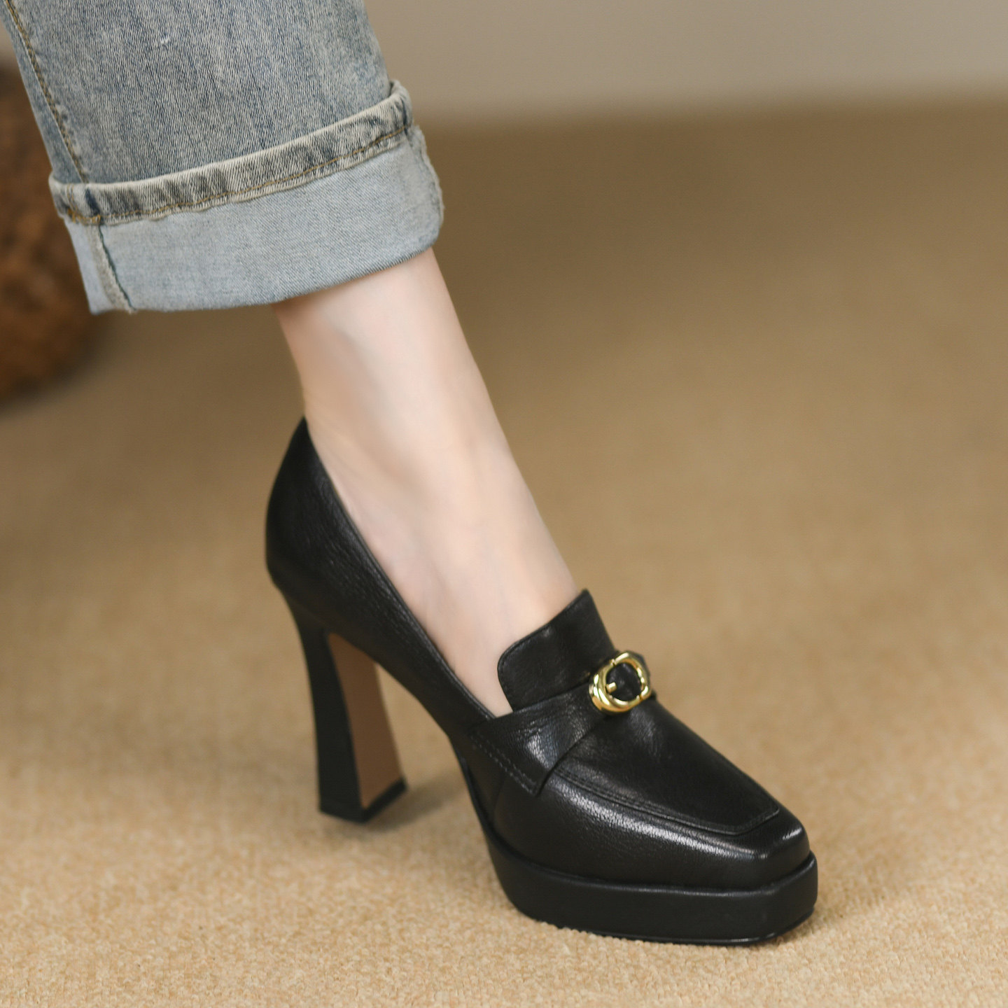 时尚黑色方头中口单鞋女秋季新款真皮皮带扣厚底粗跟高跟鞋女10cm,女鞋,深口单鞋,淘宝优惠券,粉丝福利购,淘宝优惠卷