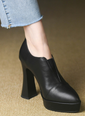 11.5cm黑色尖头高跟鞋女粗跟春季全牛皮防水台v口优雅深口单鞋女