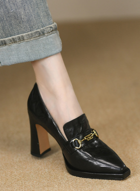 黑色法式尖头单鞋女粗跟秋季新款真羊皮金属扣一脚蹬高跟鞋女9cm