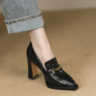 真羊皮金属扣一脚蹬高跟鞋 黑色法式 新款 女粗跟秋季 女9cm 尖头单鞋