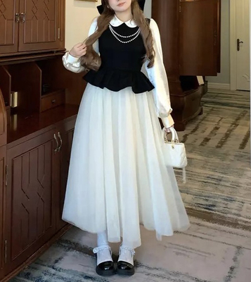 不火安妮 重磅款千金风撞色网纱连衣裙女微胖大码拼接荷叶边裙子