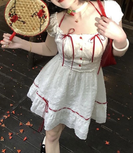 微胖mm甜美少女小飞袖 气质连衣裙公主蓬蓬短裙 夏季 蝴蝶结收腰法式