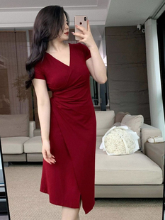 大码 显瘦长裙优雅复古显瘦包臀裙气质开叉连衣裙 微胖mm夏季 修身