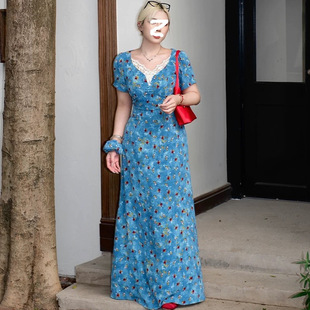 海边绝美裙子 糯米 蓝野花踪 蓝色连衣裙女夏季 碎花长裙胖mm大码