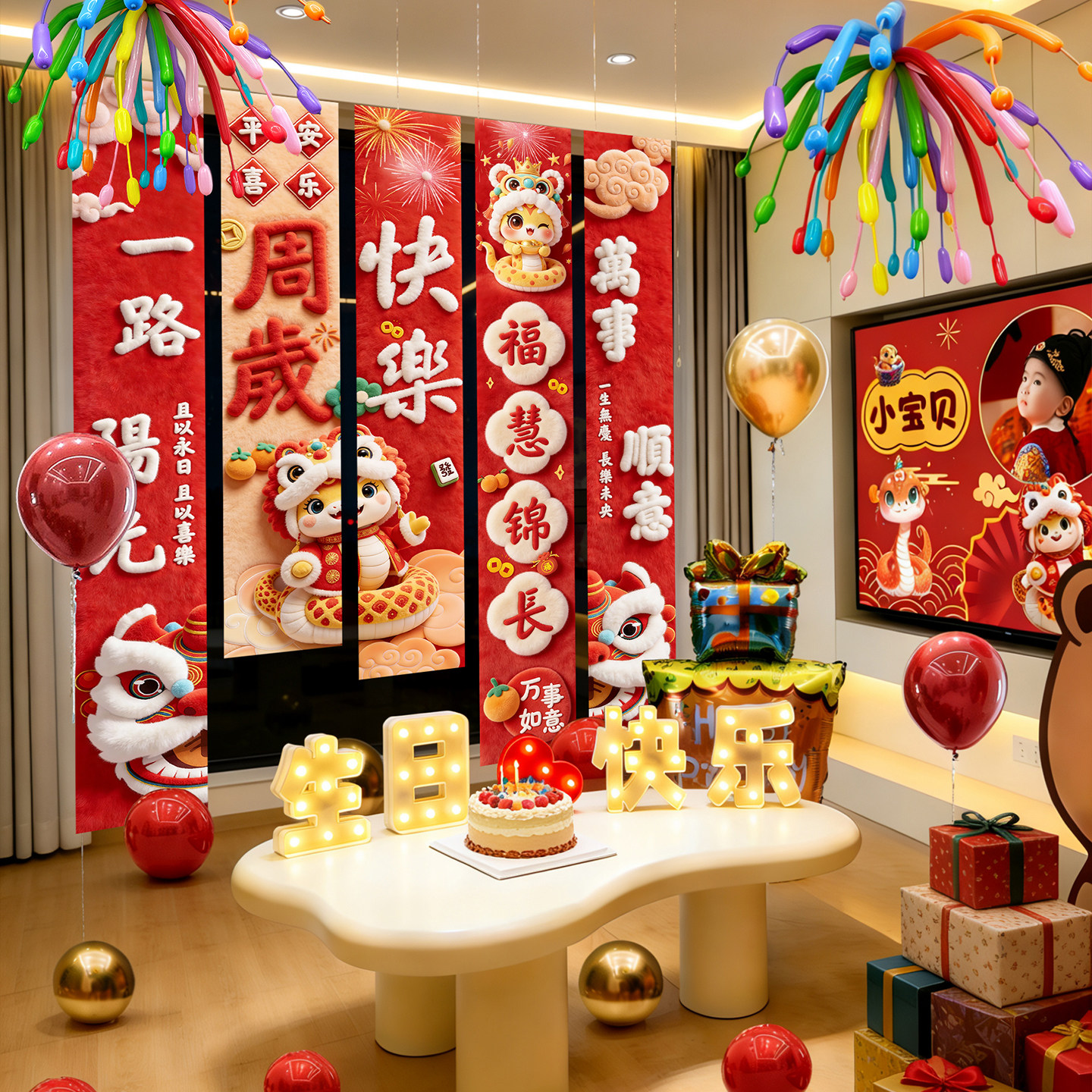 蛇宝宝一周岁礼生日布置场景装饰氛围背景布条幅家里简单抓周用品图片