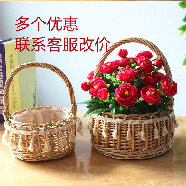 新款柳编手提花蓝藤编篮子夏季野欢郊游收纳手提蓝假花插花公主蓝