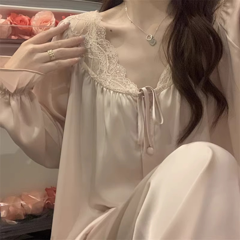 真丝睡衣女士春秋季V领对襟蕾丝花边高级感桑蚕丝长袖长裤家居服