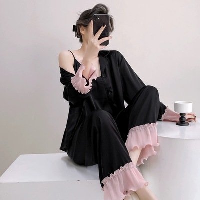 真丝性感睡衣女长袖荷叶边春秋款三件套装高级感桑蚕丝黑色家居服