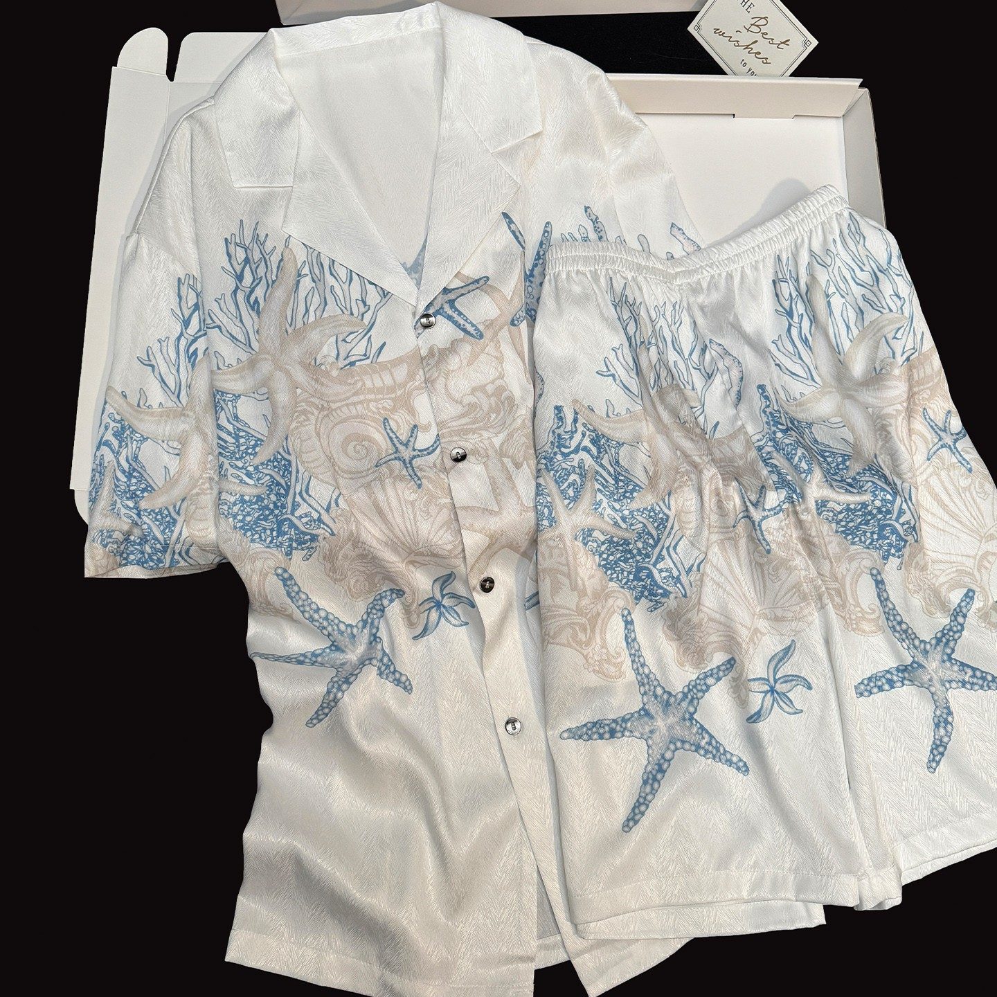 男士真丝睡衣海星珊瑚印花夏短裤短袖大牌高级感带口袋开衫家居服