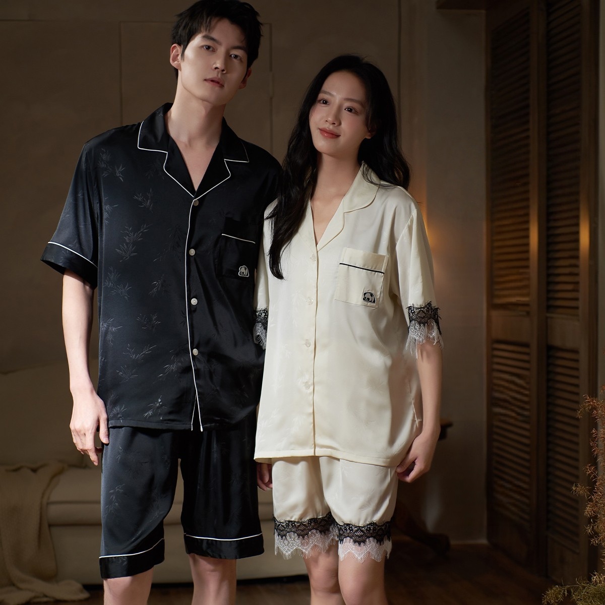 情侣真丝睡衣夏季薄款套装男女士夏天桑蚕丝短袖短裤家居服可外穿