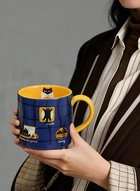 卡通可爱款小猫陶瓷杯大容量带盖子带勺子生日礼物可送男女朋友