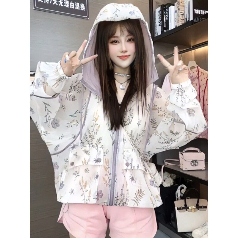 碎花冰感薄款连帽防晒服外套百搭25年春夏新款欧洲站欧货上衣女