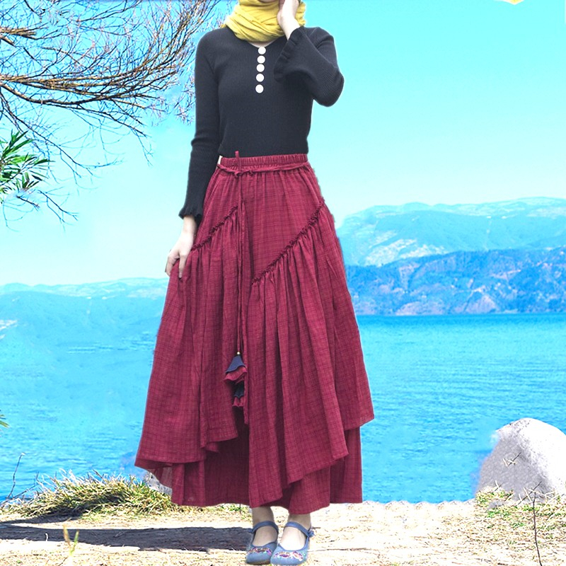 阿卡同款大摆舞裙春夏中长款民族风修身拼接不规则棉麻半身裙秋冬