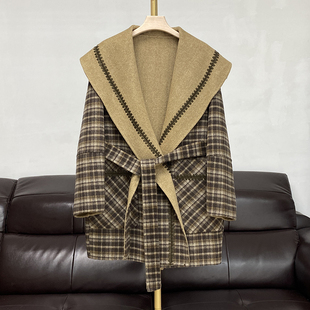 两面穿格子双面羊绒大衣女短款系带高端羊毛呢子外套加厚秋冬新款