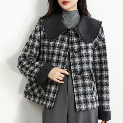 韩版格子双面羊绒大衣短款羊毛呢