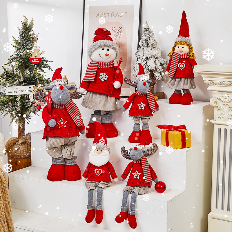 圣诞节公仔小娃娃红色针织雪人布艺伸缩老人玩偶桌面圣诞橱窗摆件