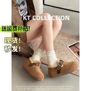 厚底复古一字扣毛毛棉鞋 秋冬季 增高4cm～绒面加绒勃肯鞋 羊皮版