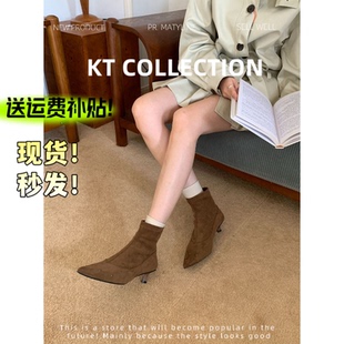 羊皮版!增高3cm~尖头高跟短靴复古时装瘦瘦靴细跟铆钉短筒靴