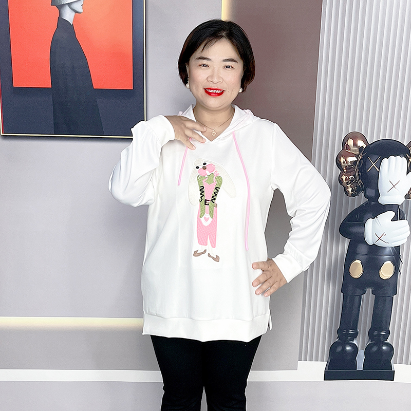 2023秋季新款长袖卫衣女胖mm大码女装贴布绣花连帽上衣显瘦打底衫