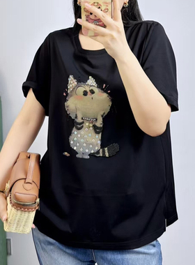 米莱奇2025夏季新款短袖圆领t恤女大码卡通印花钉珠百搭上衣56123
