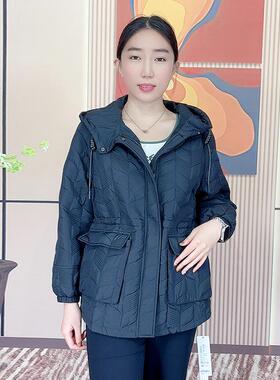 天娇一生水冬季新款连帽棉衣2024大码女装抽绳收腰棉服外套23690