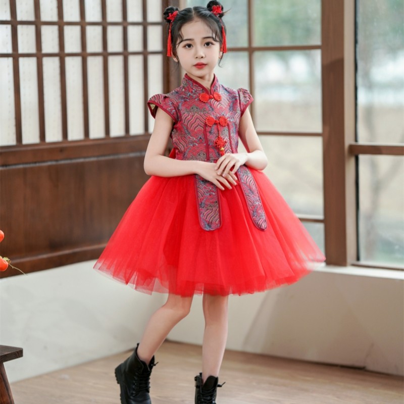 六一儿童演出服红色蓬蓬纱裙女童中国风礼服小学生合唱舞蹈表演服
