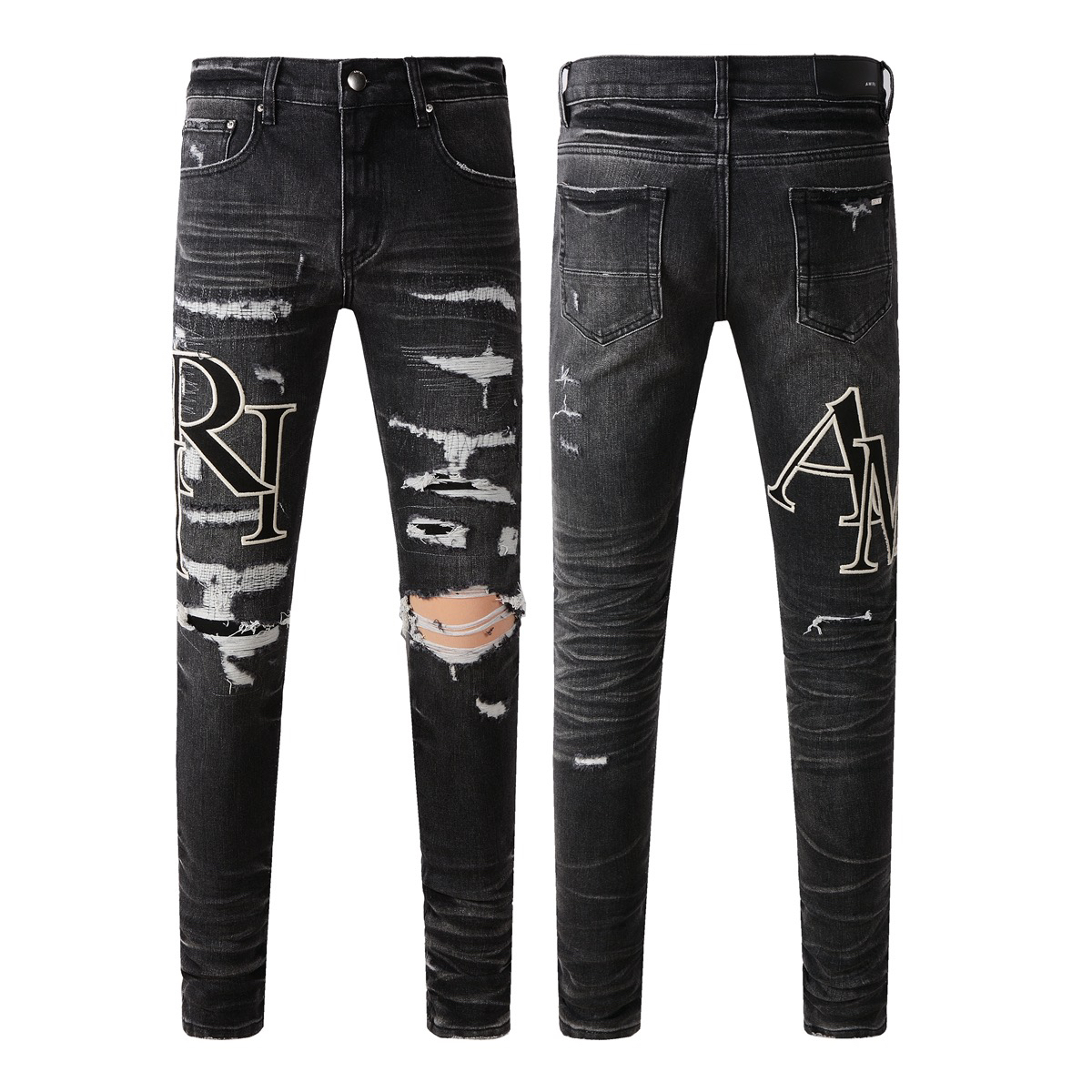 thumbnail for A trendy brand new washed and dilapidated destruction letter embroidery slim slim jeans