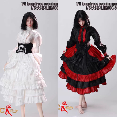 现货 1/6女兵人 ACG-50  长裙礼服 哥特黑红连衣裙 素体衣服配件