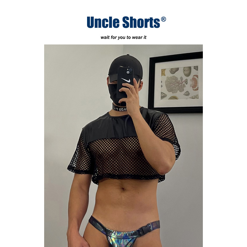 小众设计感皮革网眼拼接T恤上衣