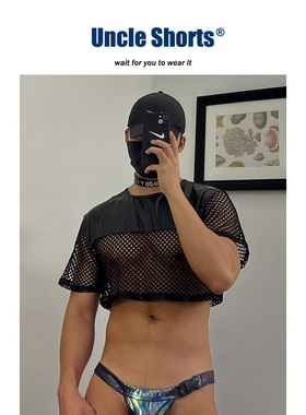 Uncle Shorts性感皮革上衣男士宽松半截式超短网眼PU拼接T恤夜店