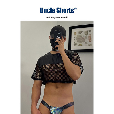 小众设计感皮革网眼拼接T恤上衣